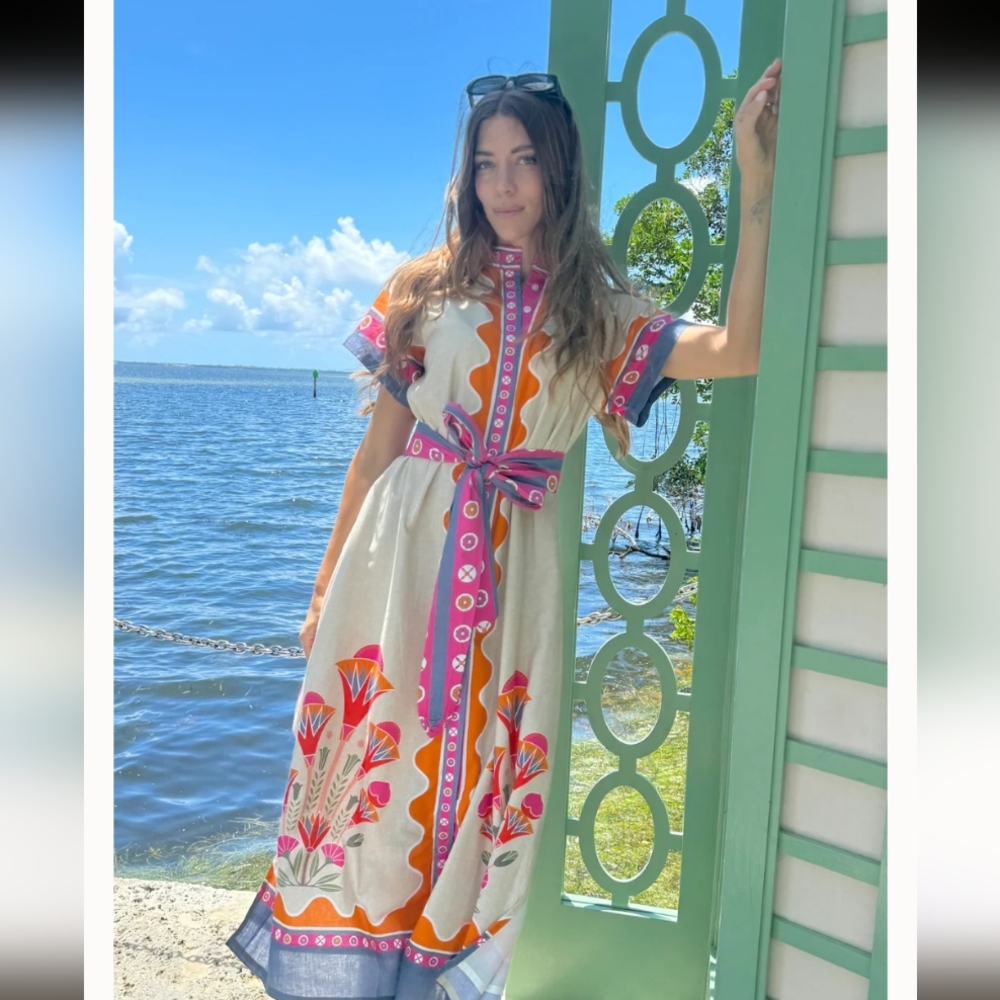 Floral Print Midi Dress with Pink and Orange Accents